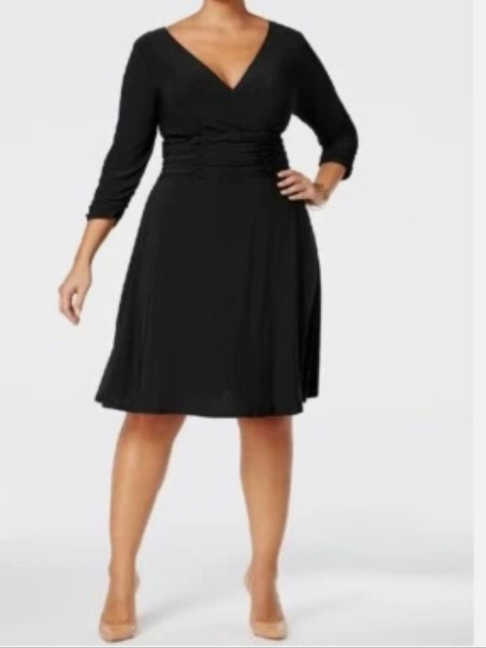 NY Collection Black V-Neck Ruched Waist Fit-and-Flare Dress